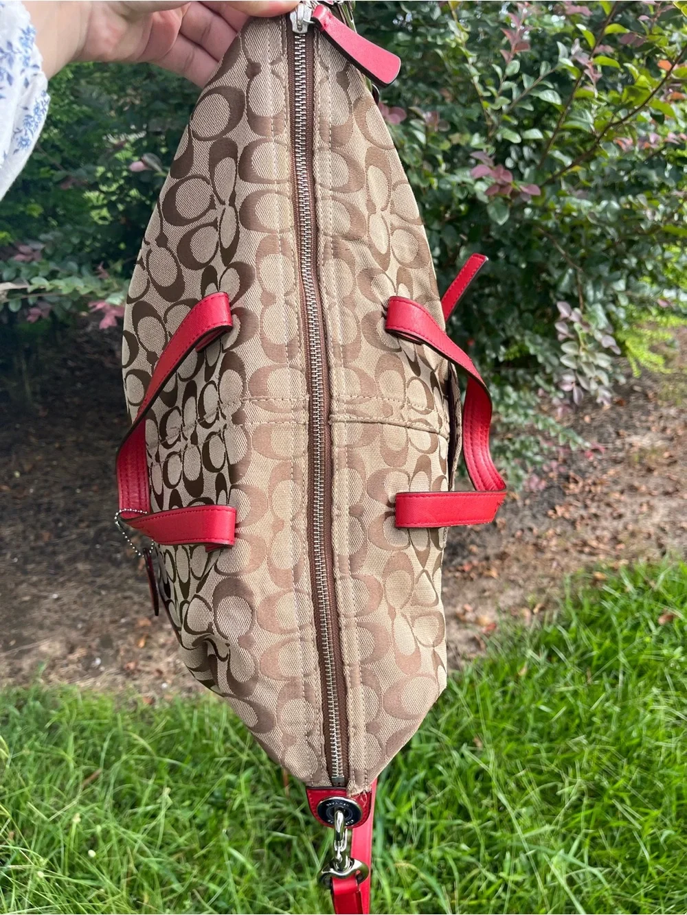 Coach Beige Signature Canvas and Red Leather Drawstring Shoulder Bag